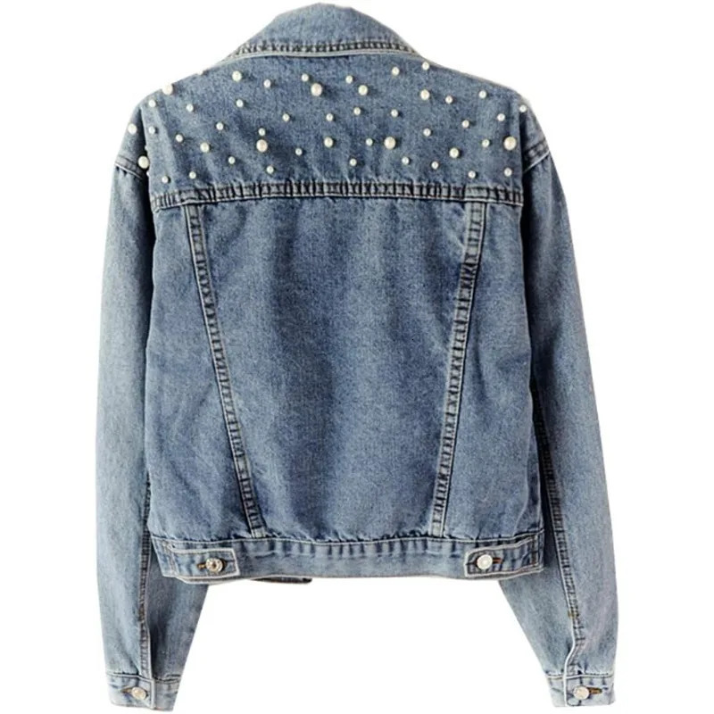 Womens denim jacket embroidered with pearl bead 241206