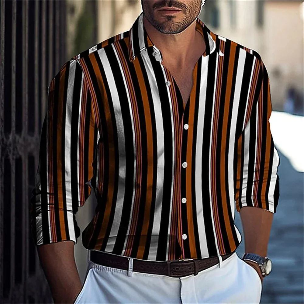 Mens striped printed collar button up shirt suitable for spring and summer fashion casual long sleeved comfortable street top 241206
