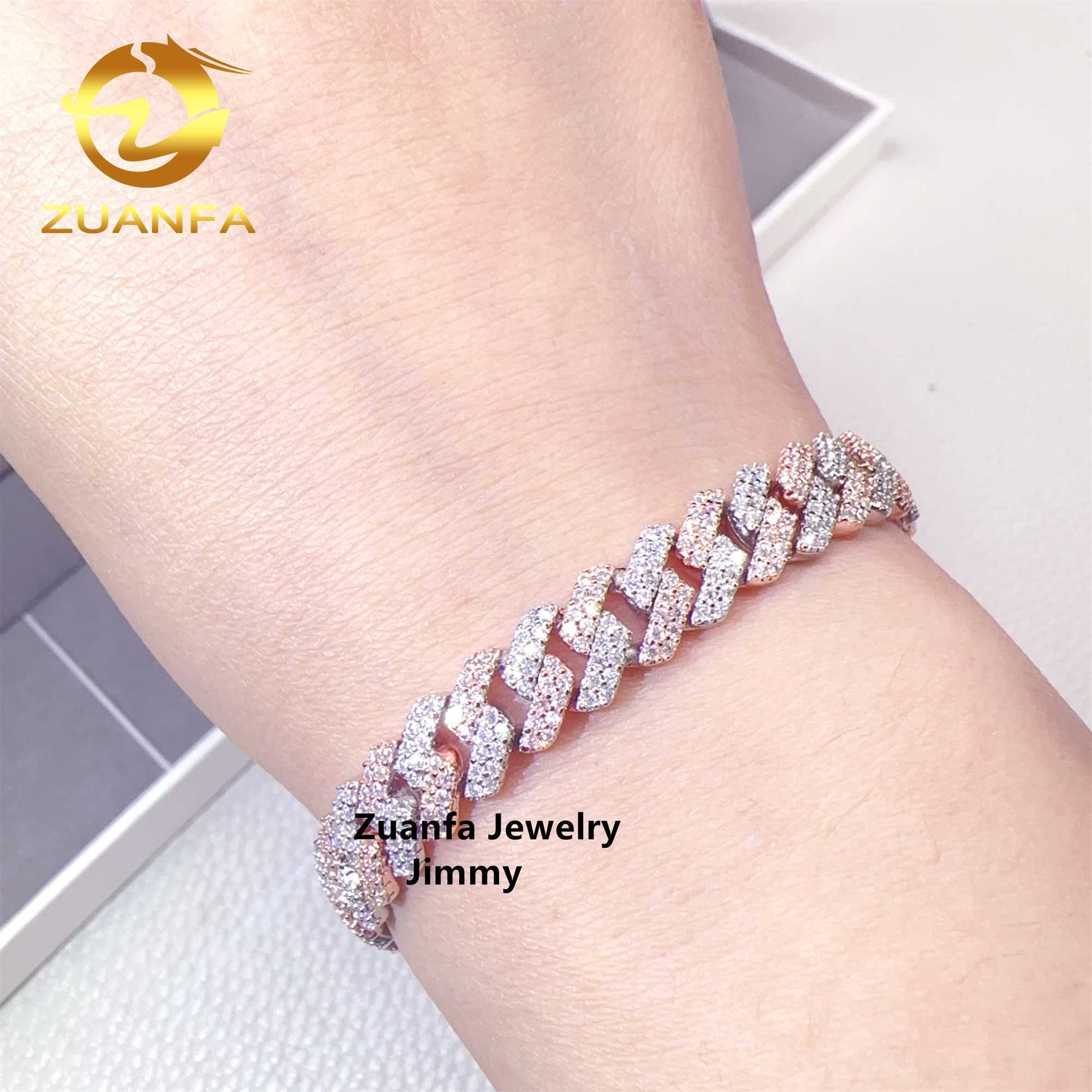 Two Tone Color 8mm 2 Rows 925 Solid Silver Iced Out Hip Hop Jewelry VVS1 Moissanite Diamond Cuban Link Chain Bracelet Men