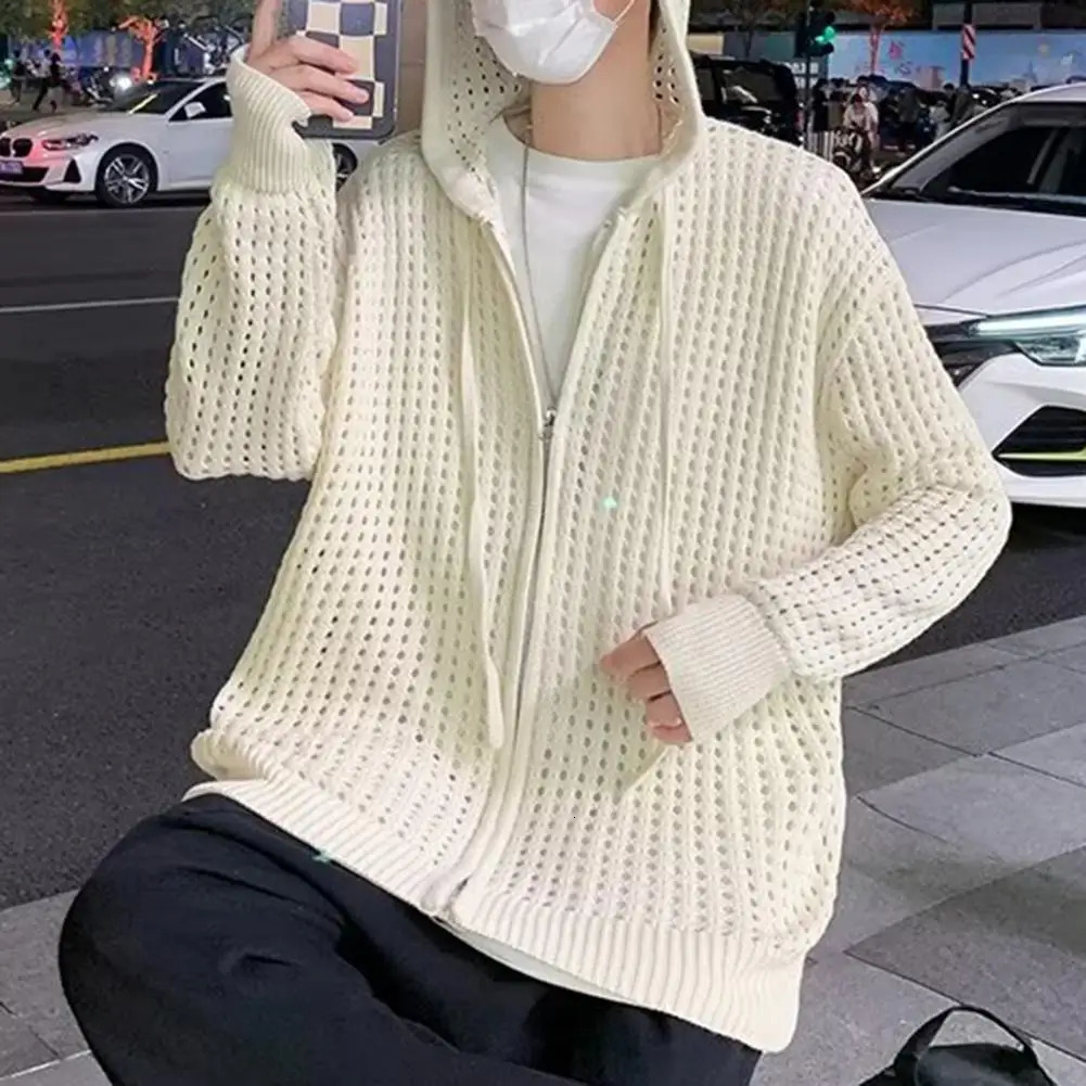 Mens long sleeved zipper closed solid hollow ultra soft mens hooded sweater jacket autumn cardigan wool 241206