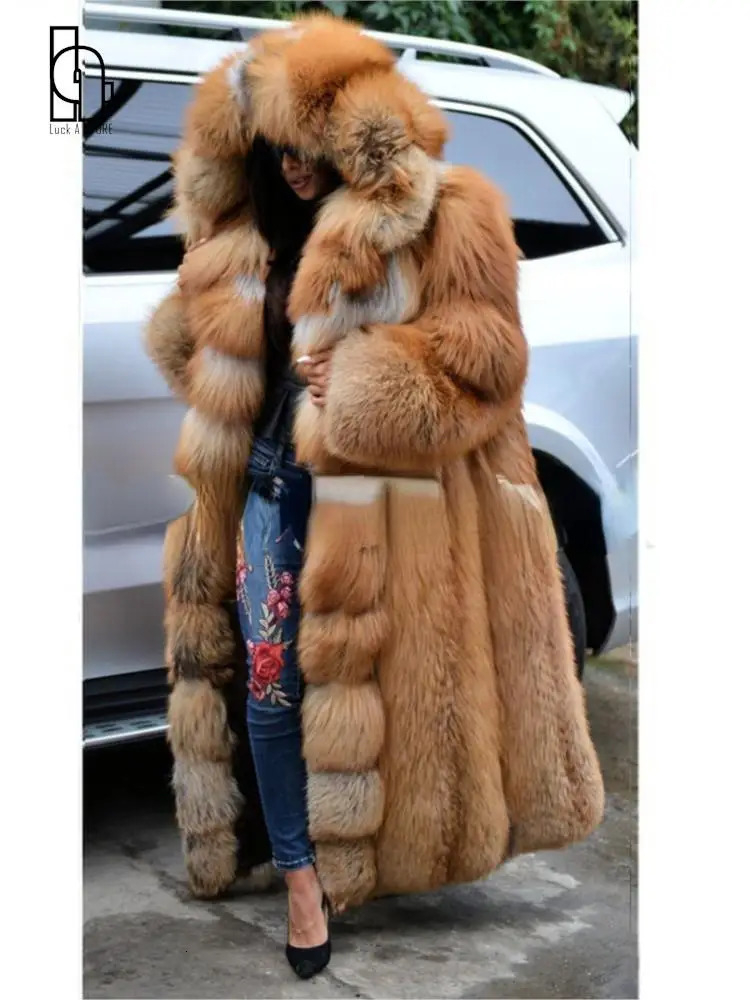 Winter long faux fur warm coat long sleeved coat fox fur coat long hooded fur integrated fur coat S-XXXXXL 241202