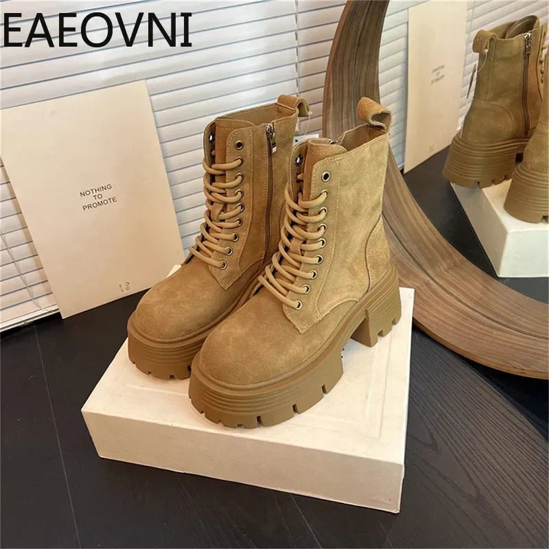 High Platform Womens Motorcycle Boot for Winter Fashion Lace Up Square Heel Short Booties Autumn Girls Shoes 241206