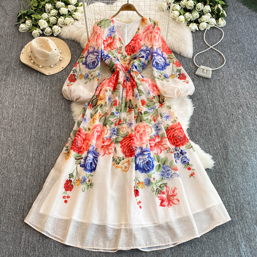 Fashion Casual Dresses 2025 New Casual Elegant Boho Vacation Party Dresses Women's V-Neck Gorgeous Floral Print Long Lantern Sleeve Summer Maxi D