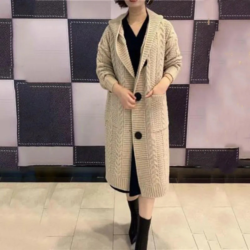 autumn and winter jacquard twisted hooded cardigan womens long single chest knitted top 241206