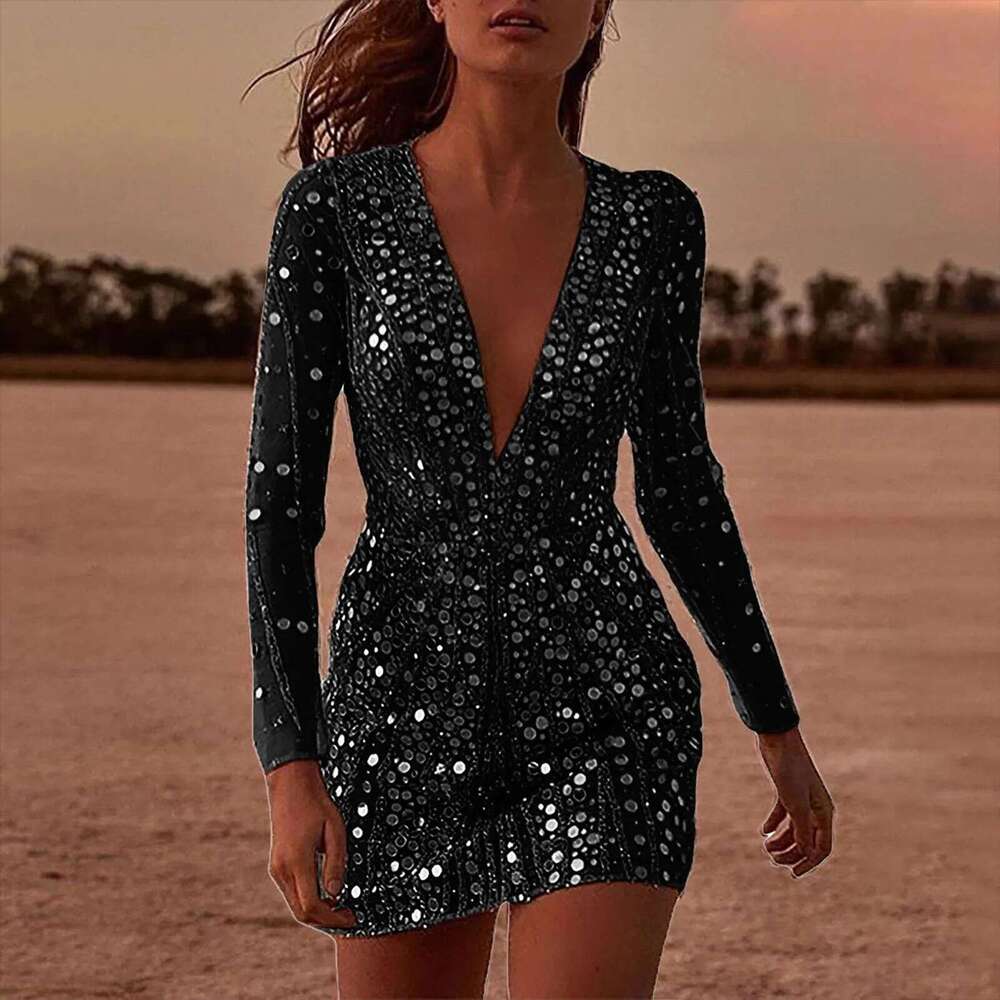 2025 European and American sexy deep V perspective sequin wrapped hip long sleeved evening dress women's spring item 2024 new casual versatile fa
