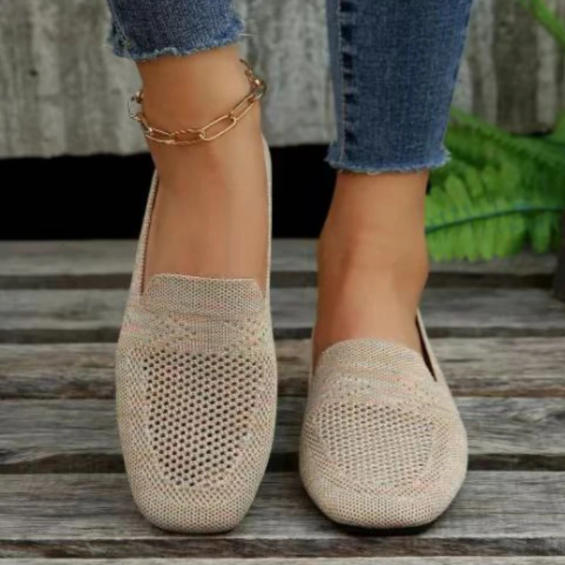 Solid color square toe net cushioned shallow womens flat shoes soft soled knitted ballet casual boat 241206