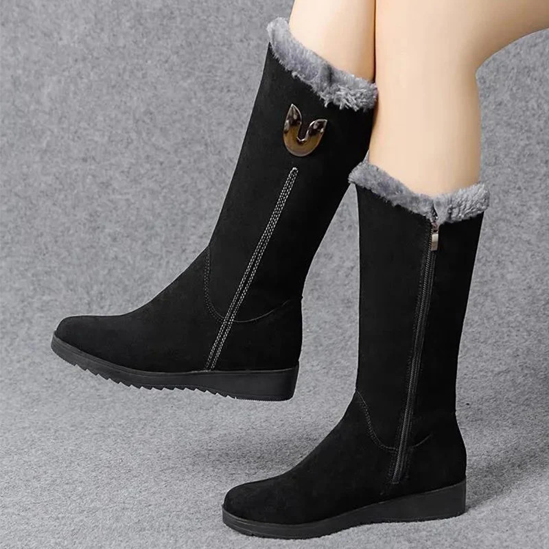 Womens platform shoes with side zipper womens snow boots winter round toe plush warm solid high tube flat 241206