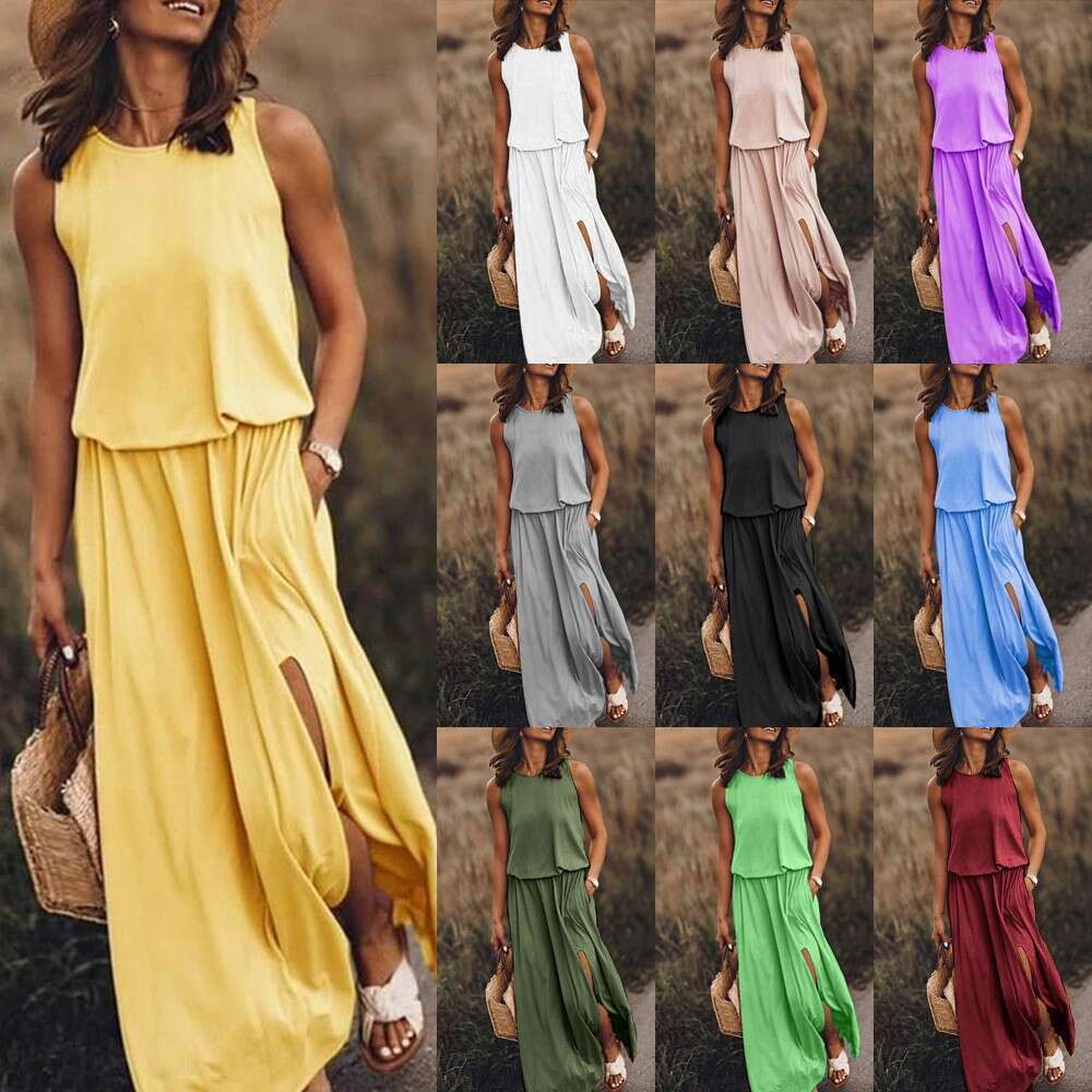 Spring/Summer European and American Women's Round Neck Sleeveless with Split Solid Color Commuter Long Dress 2024 New Casual Fashion Trendy Cloth