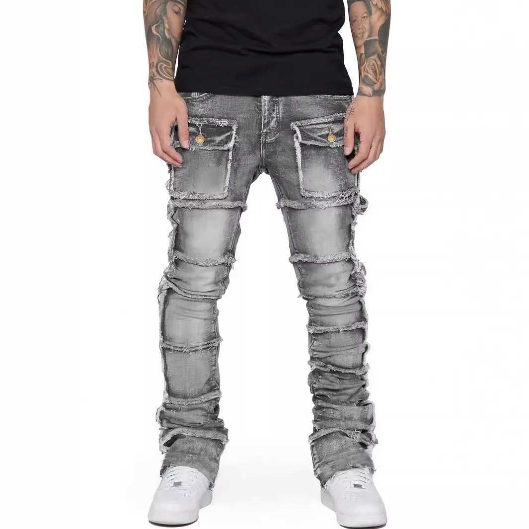 Retro Stretch Patchwork Mens Cargo Pants Distressed Button Pockets Denim Straight Trousers Fashionable Vintage Male Streetwear M250610