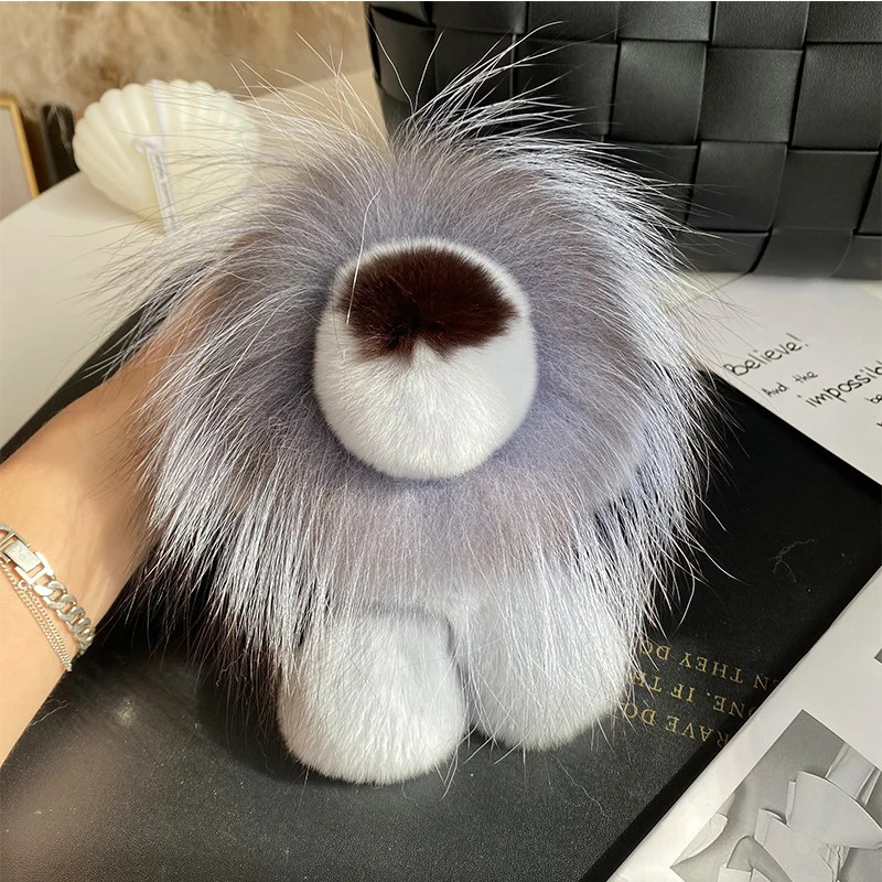 Plush real Rex rabbit fur keychain cute toy lion handbag pendant charm pavilion womens car keyring decoration childrens birthday gift 241206