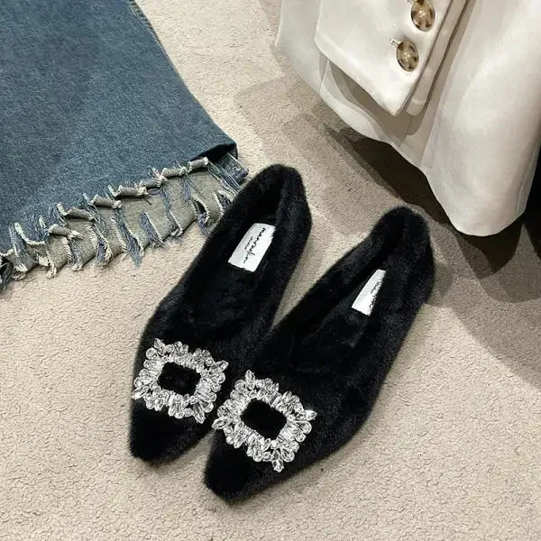 Winter shoes Pointed Toe crystal womens Loafers fur casual sports autumn boat comfortable dress Mocca 241206