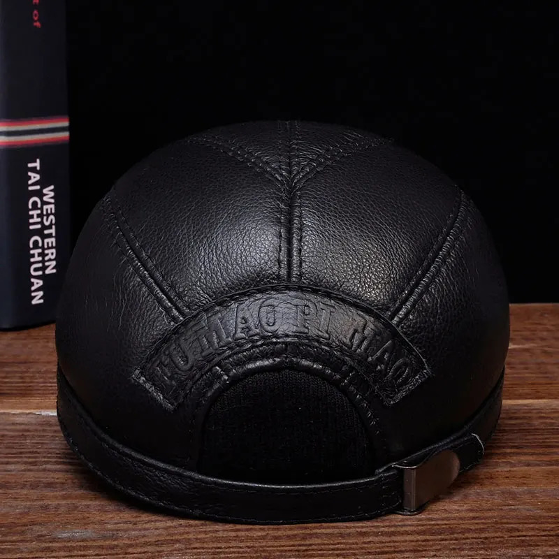 HL030 Mens Genuine Leather Baseball Hat Cowboy Leather Warm Hat 241206