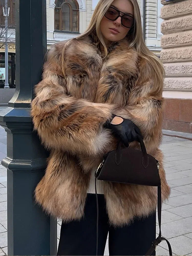 Winter Warm Fluffy Faux Fur Short Coats Women Elegant Lapel Full Sleeves Loose Overcoats Casual Female Street Outwear