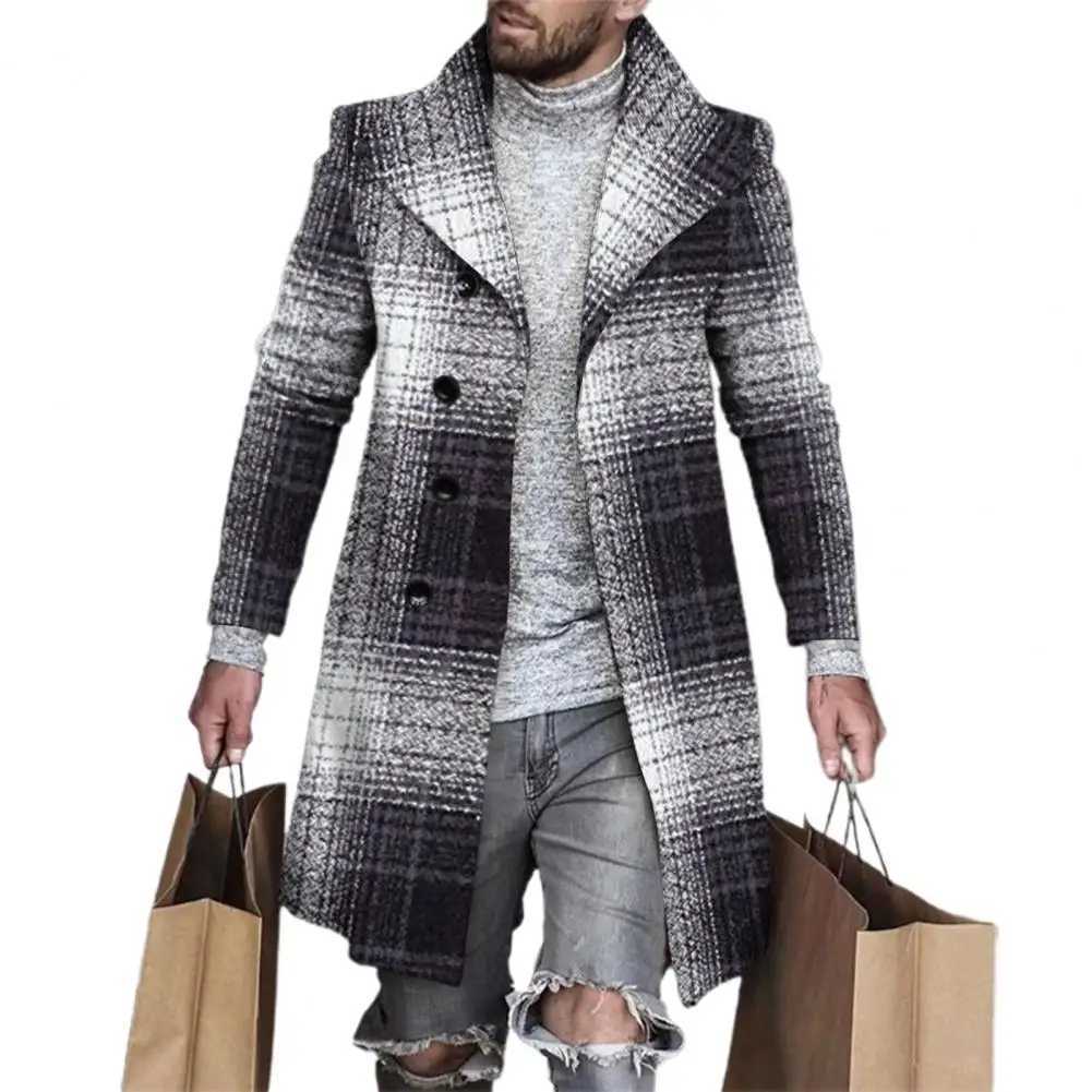 Collar long Slves pocket single breasted mens windproof machine autumn winter mid length flat patch work thick wool coat X241207