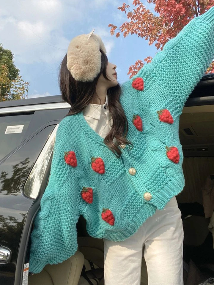 Zoki 3D Strawberry Sweet Cardigan Womens Loose Long Sleeve Fashion Knitted Sweater Korean Lazy Style Casual Soft 241206