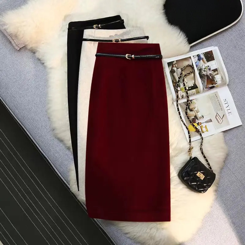 Autumn and Winter Wool Body Pencil Skirt Womens High Waist Split Waist Belt Knee Length Midi Skiing Fashion Womens Work Clothes 241205