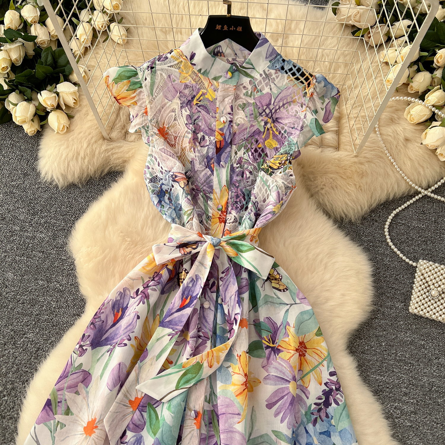Casual Dresses Women Summer Gorgeous Flower Embroidery Lace Spliced Wedding Dress Women Ruffles Sleeve Colorful Belt Long Robe Holiday Party Vestidos 