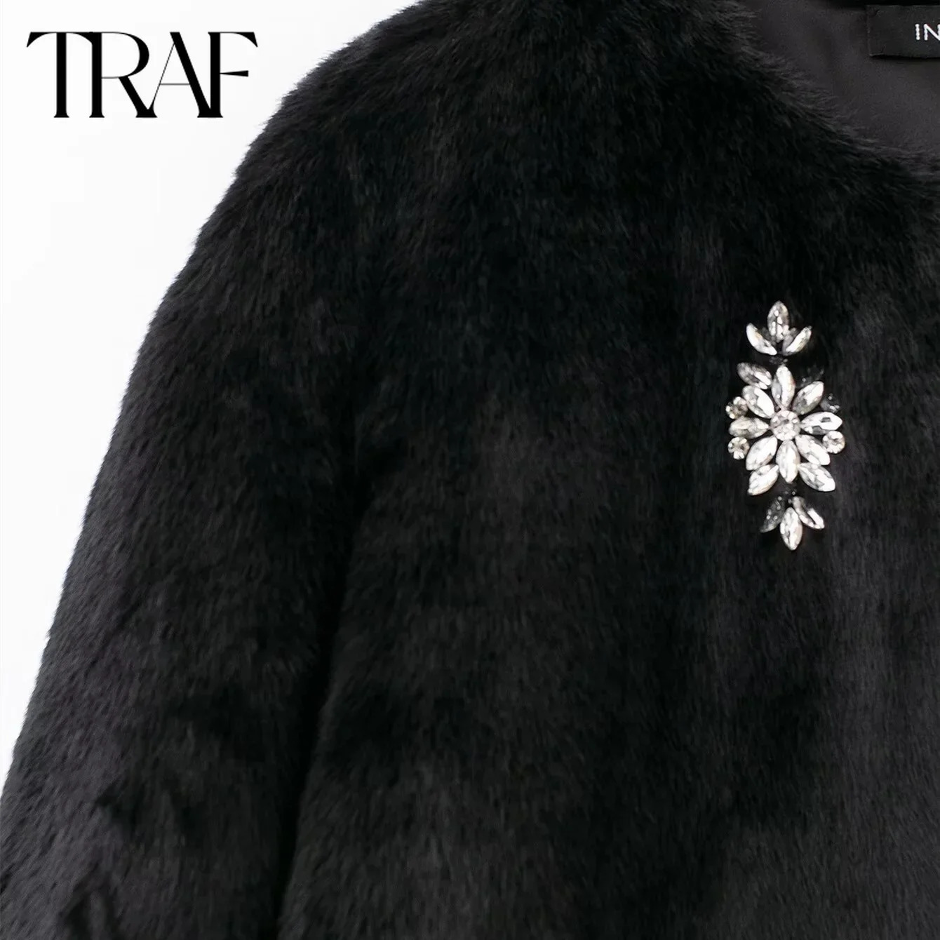 TRAF Womens Artificial Fur Coat Autumn/Winter Solid Long Sleeve Round Neck Fake Fur Warm Coat Fashion Womens Top 241202