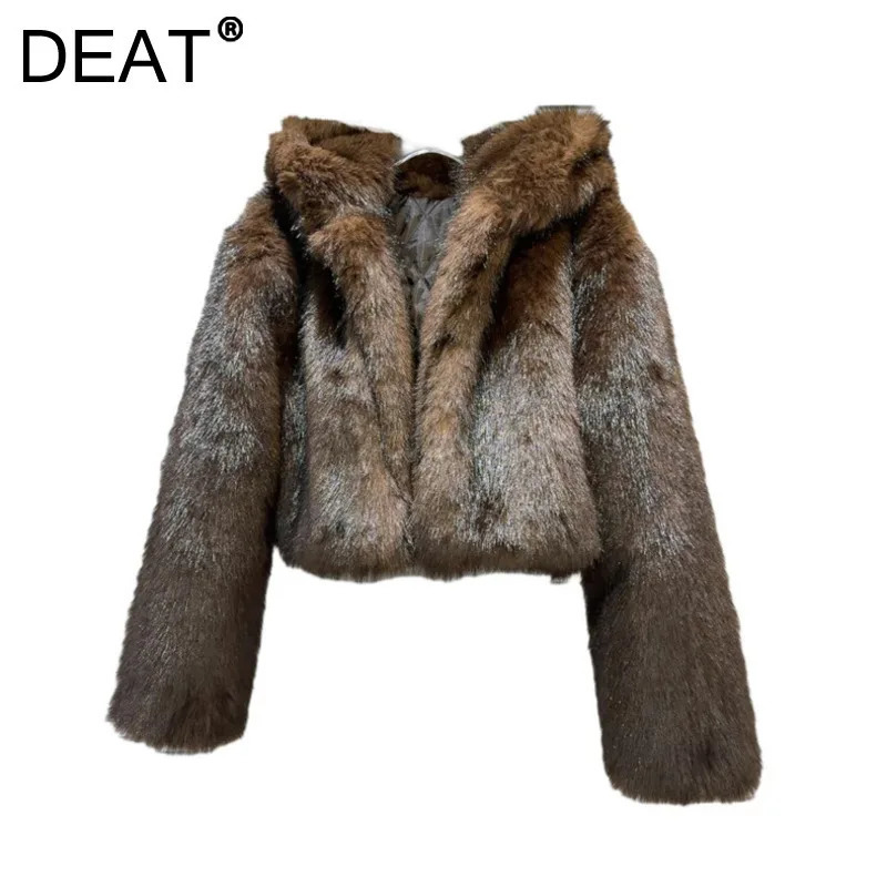 DEAT womens coat artificial fur hooded cotton pad thick wrapped womens brown environmentally friendly jacket winter 11A01577 241202
