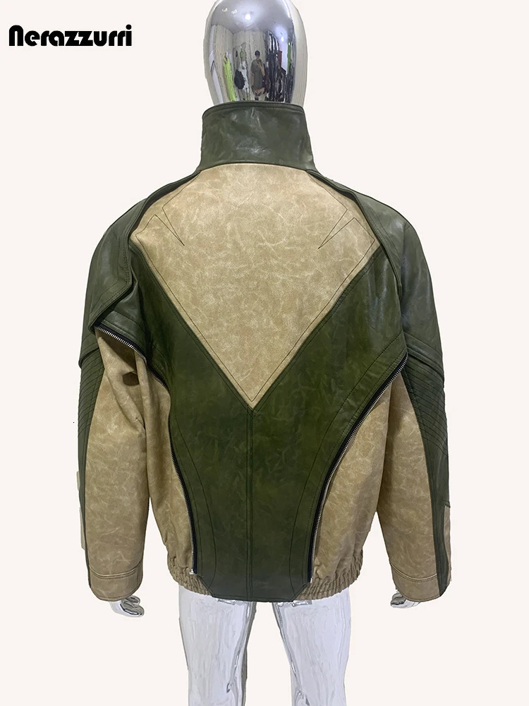 Blue and Black Legion Spring and Autumn Cool Windproof Color Block Pu Leather Jacket Mens Zipper er Runway Clothing 241205