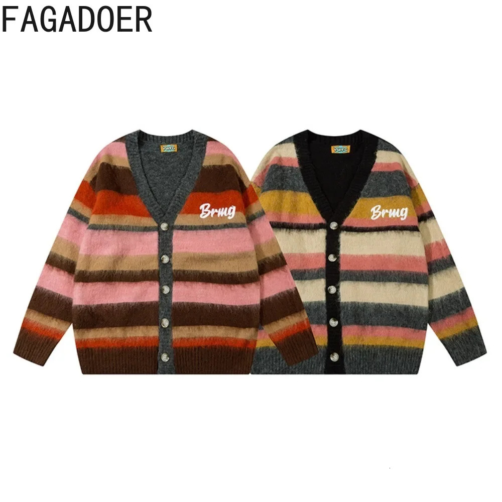 FAGADOER Letter Embroidery Sweet Knitting Cardigan Women Y2K Streetwear VNeck Color Block Loose Sweaters Coat Fashion 2025 241203
