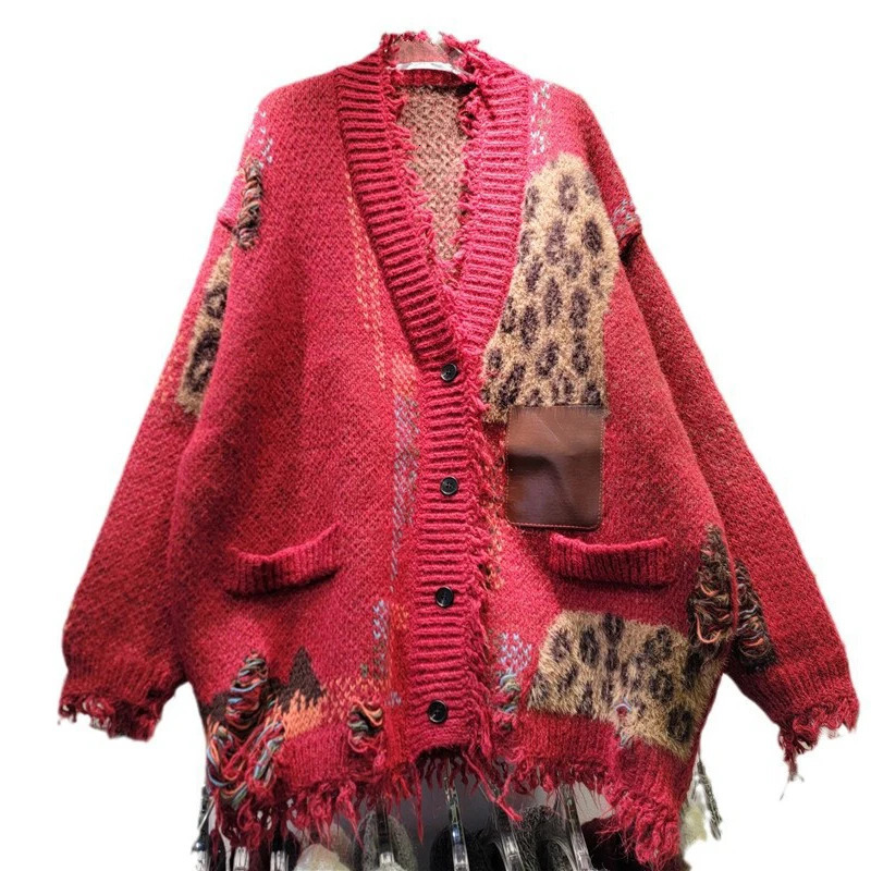 DEAT Fashion Vintage Leopard Print Knit Cardigan Jacket For Women Autumn And Winter Loose Sweater Coat Female 11A01353 241203