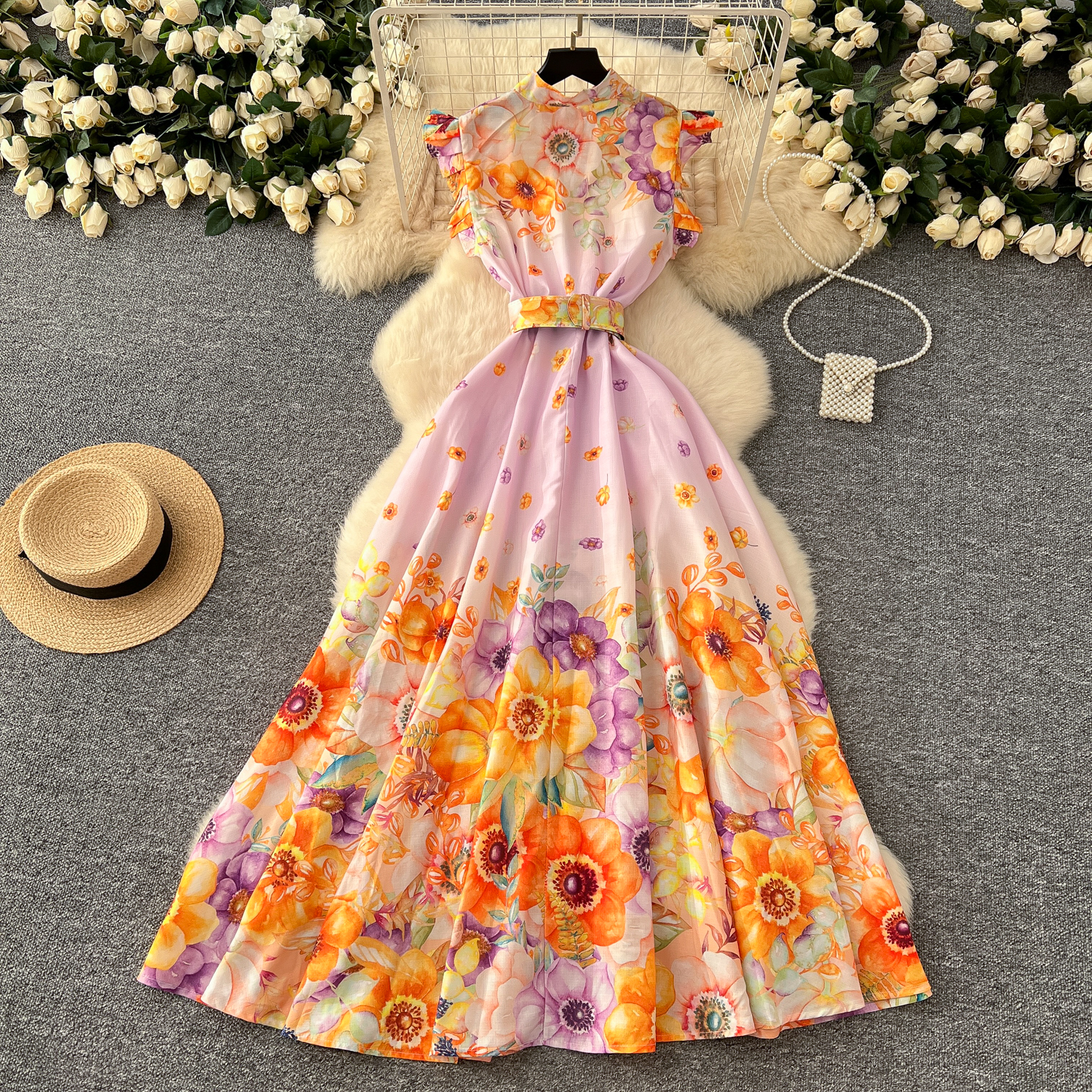 2025 Casual Dresses Summer Holiday Linen Gorgeous Flower Dress Women's Stand Flying Sleeve Floral Printing Single Breasted Belt Long Party Vestid