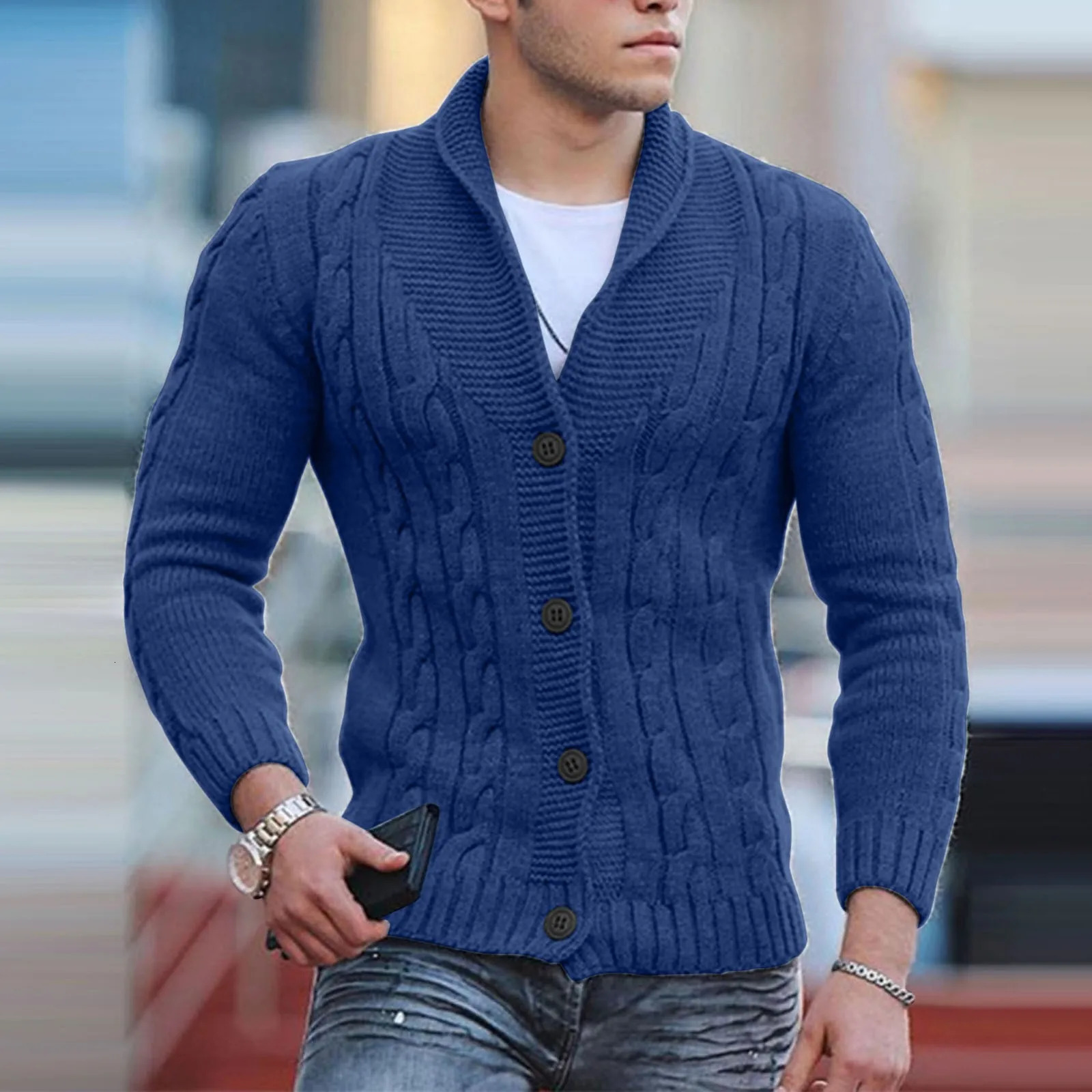 Mens fashion British knitted cardigan 2024 shawl collar loose fitting long sleeved single breasted 241206