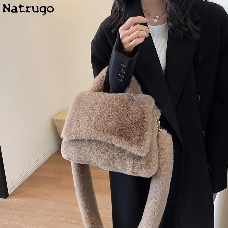 Womens large handbag faux fur handbag womens shoulder bag fashionable plush handbag cross shaped bag winter fashion 241206