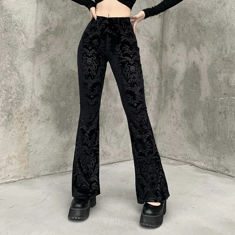 Womens Gothic style pants black glitter pants womens fashionable temperature velvet embossed n casual Trouser womens 241202