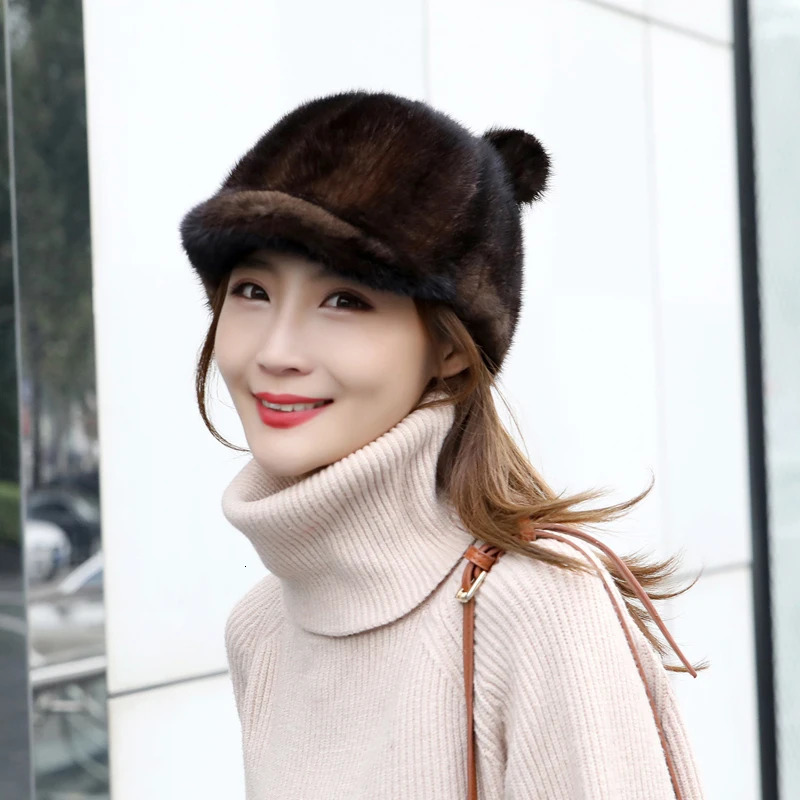 Real mink fur hat cute cat ear hat black small tail fur hat duckbill hat casual ear protection baseball hat 241206