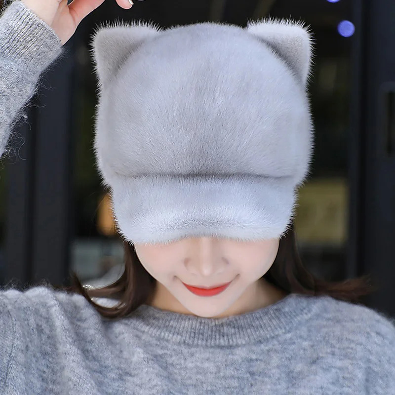 Fashionable Korean womens baseball cap winter thick mink duck cap cute cat ears real fur outdoor casual ear cap 241206