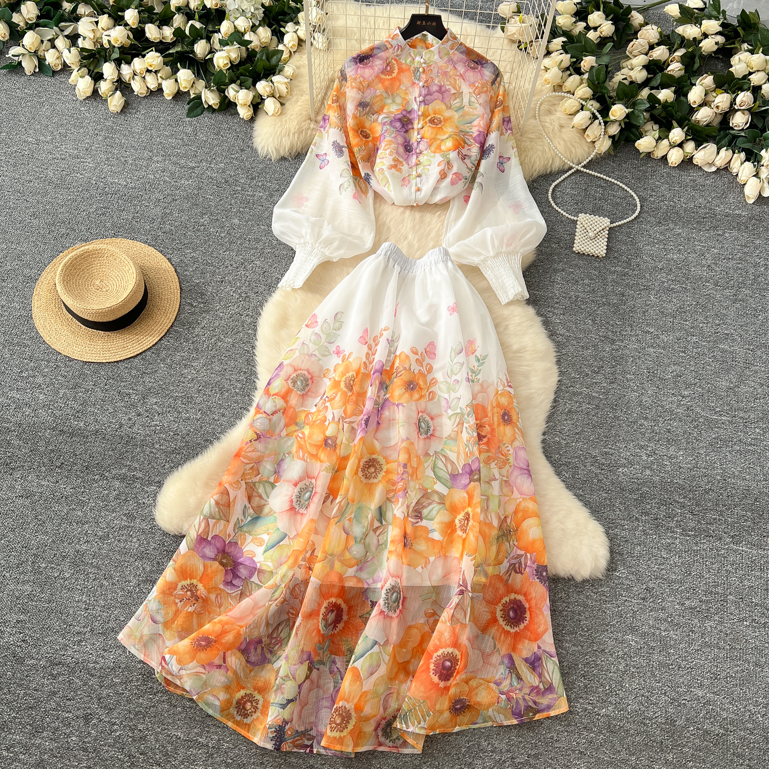 Two Dress Summer Holiday Gorgeous Wer Runway 2 Piece Set Women Long Lantern Sleeve Shirt Blouse And Elastic Waist A E Skirt Suit 2025