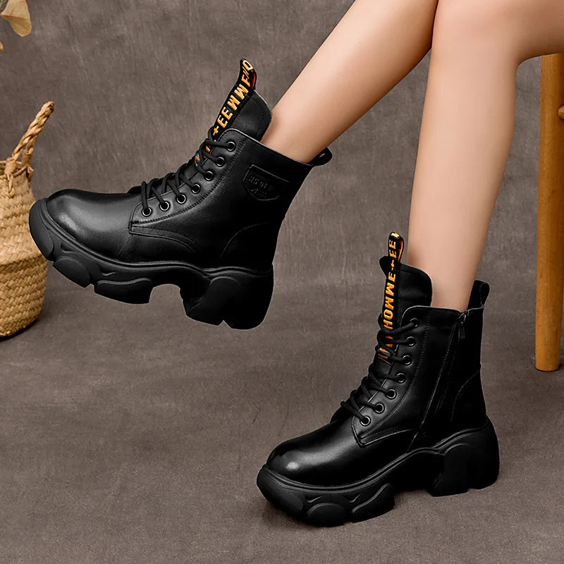 Koznoy 5cm genuine leather retro little cow apartment spring and autumn winter plush boots Moccasins chimney womens ankle 241206