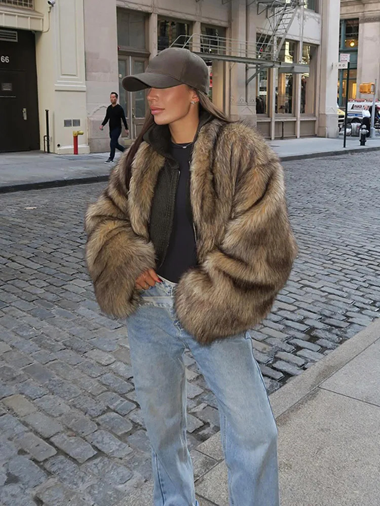 Fashion Fluffy Faux Fur Coat For Women Warm Lapel Long Sleeve Short Jacket 2025 Winter Female High Street Outerwear 241206