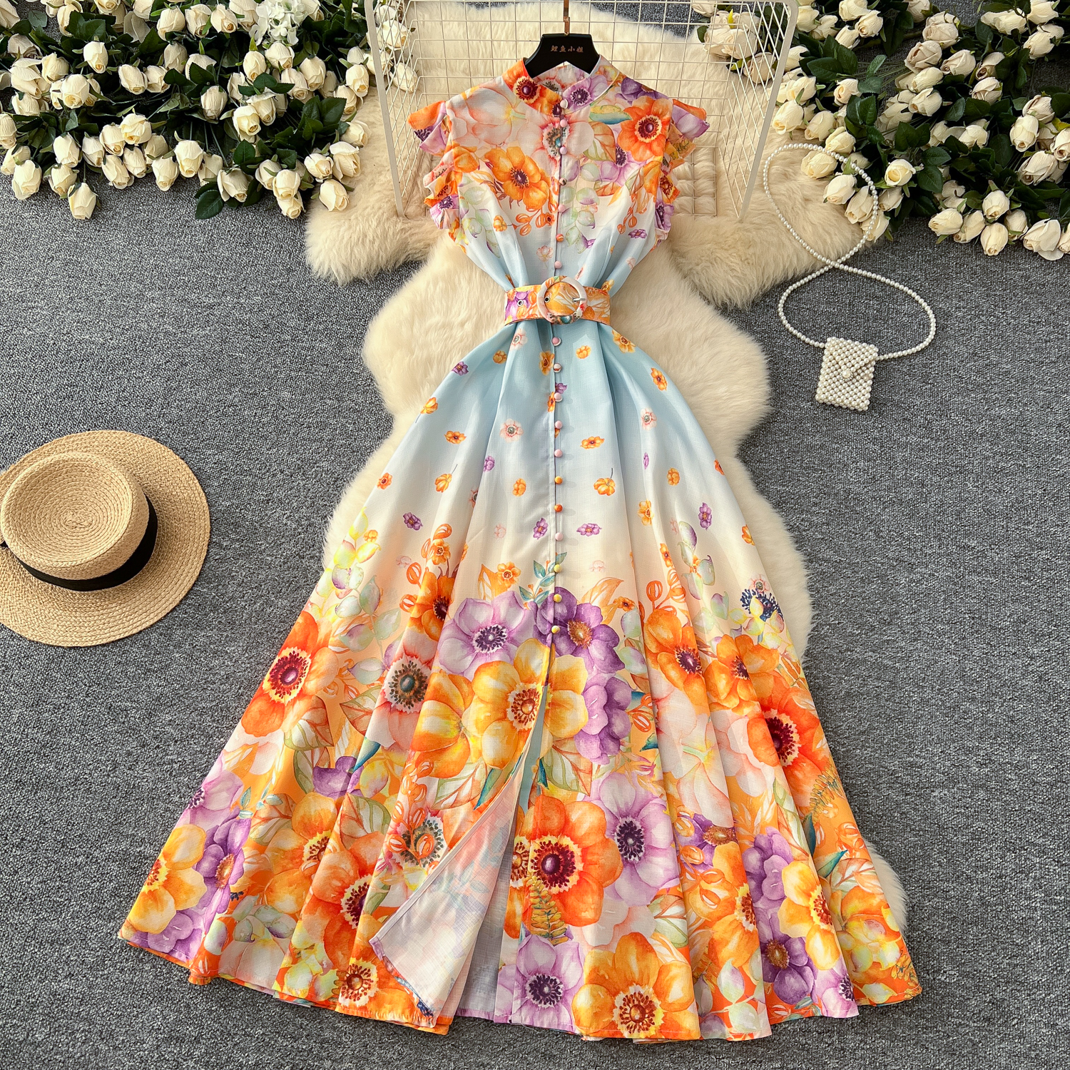 2025 Casual Dresses Summer Holiday Linen Gorgeous Flower Dress Women's Stand Flying Sleeve Floral Printing Single Breasted Belt Long Party Vestid