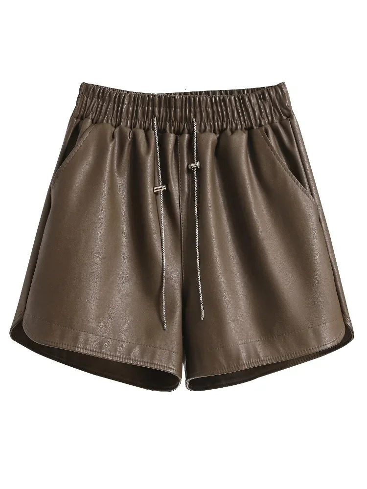 Womens Autumn Loose Wide Leg Shorts Womens High Waist Casual Pocket Shorts Womens PU Leather Shorts L531 241206