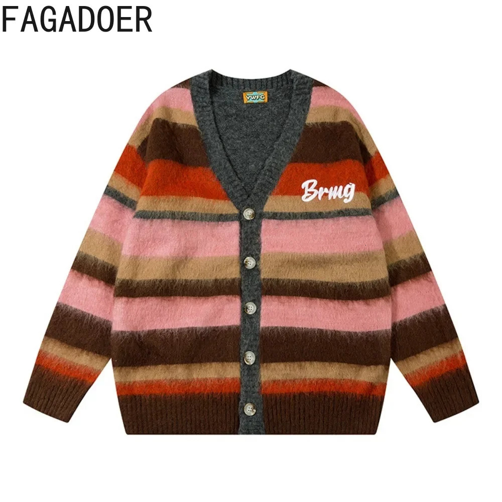 FAGADOER Letter Embroidery Sweet Knitting Cardigan Women Y2K Streetwear VNeck Color Block Loose Sweaters Coat Fashion 2025 241203