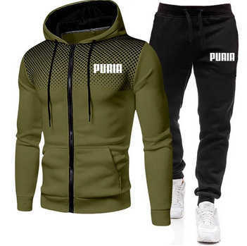 Men's Tracksuits Men's fleece sweatshirt sweatpants set Spring and autumn leisure polka dot zipper sportswear men's hoodie set T241206