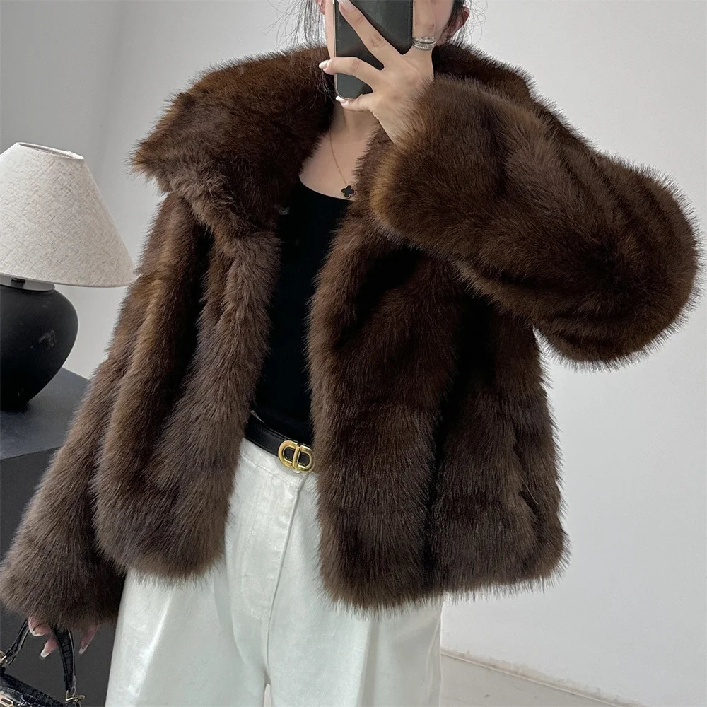 Winter Womens Loose Street Clothing Brown Womens Artificial Mink Leather Jacket Oversized Collar Long Sleeve Warm Fluffy Coat 241202