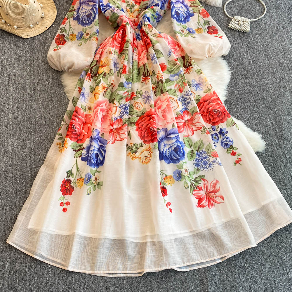 Fashion Casual Dresses 2025 New Casual Elegant Boho Vacation Party Dresses Women's V-Neck Gorgeous Floral Print Long Lantern Sleeve Summer Maxi D