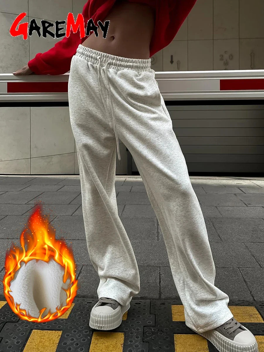 Womens winter pants velvet wide legs high waist beige thick retro oversized loose pants gray casual warm wool pants 241202