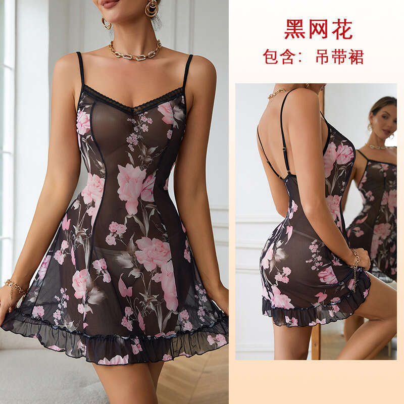 Underwear Sexy Mesh Pamas Women's Printed Slips Sleeping Skirt Perspective Home 620 2024 New Style Elegant Clothing