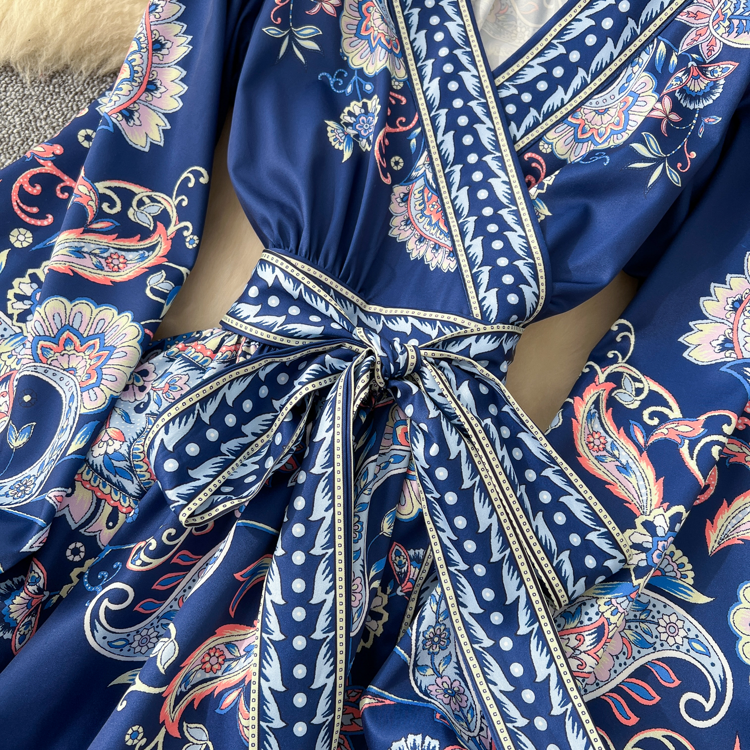 Casual Dresses Autumn Retro Bohemian Paisley Dress Holiday Cross V Neck Lantern Sleeve Vintage Print Bandage Lace Up Robe Vestidos Maxi Clothes 2025