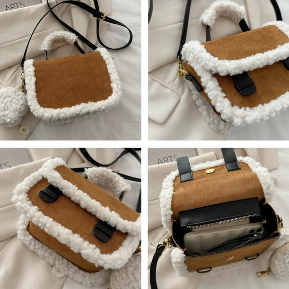 Fashion shoulder bag large capacity cross shaped bag suitable for womens handbags small square bag Sherpa bag round plush wallet 241205