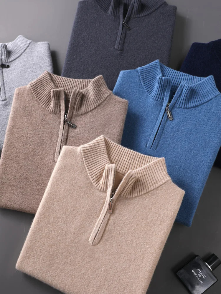 Qiku Mens 100% Cashmere Sweater Zipper Collar Plain Collar Long Sleeve Basic Cashmere Knitted Autumn Clothing Top 241206