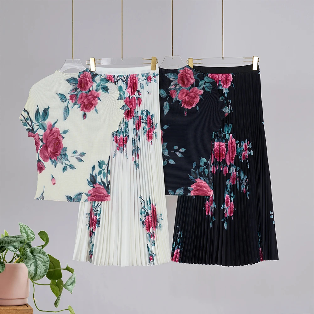 Two Piece Dress Runway Two Piece Skirt Set Women Flower Print High Stretchy Pullovers Top Pleated Long Skirts Suit Summer Female Outfit 2025