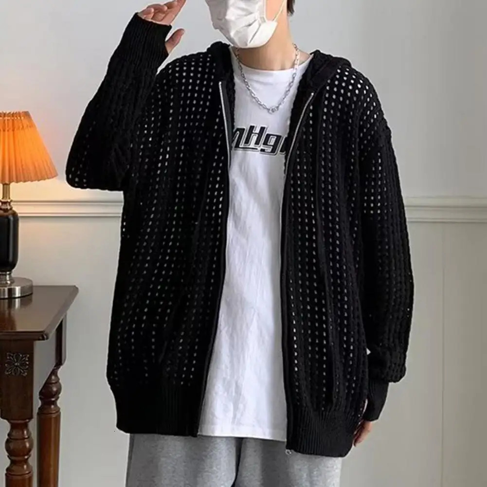 Mens long sleeved zipper closed solid hollow ultra soft mens hooded sweater jacket autumn cardigan wool 241206
