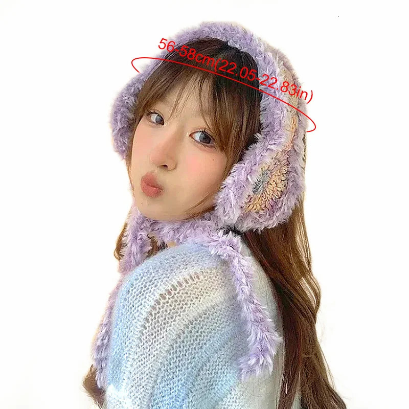 1 piece of gradient colored knitted earmuffs handmade wool flower with plush earmuffs Beanies warm windproof winter accessories 241205