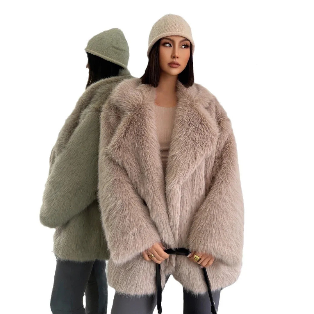 Fashionable street style fox fur coat loose suit collar medium long womens autumn and winter fur coat 241202